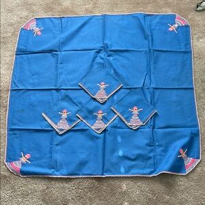 Hand-Embroidered Blue Cotton Square Tablecloth with Matching Napkins